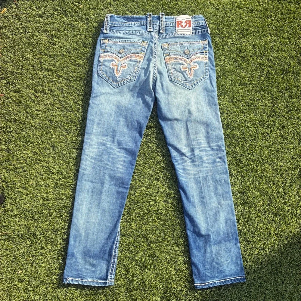 Rock Revival Men 34x29 Blue Denim Jeans Medium Wash Y2K Streetwear Embroidered